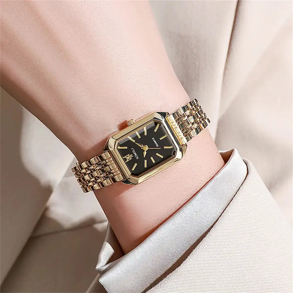 Luxury Ladies Fashion Quartz Watch Simple Scale Square Quality Gold Plated Women Watches Business Stainless Steel Folding Clock - Lootquake