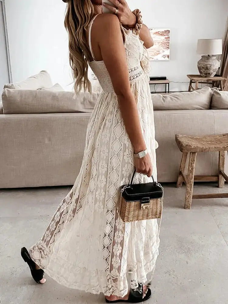 Boho Long Dress Women Summer Lace V Neck Flare Sleeve Sexy Maxi Dress Lady Holiday Party Beach Wedding Dresses Vestidos De Mujer - Lootquake