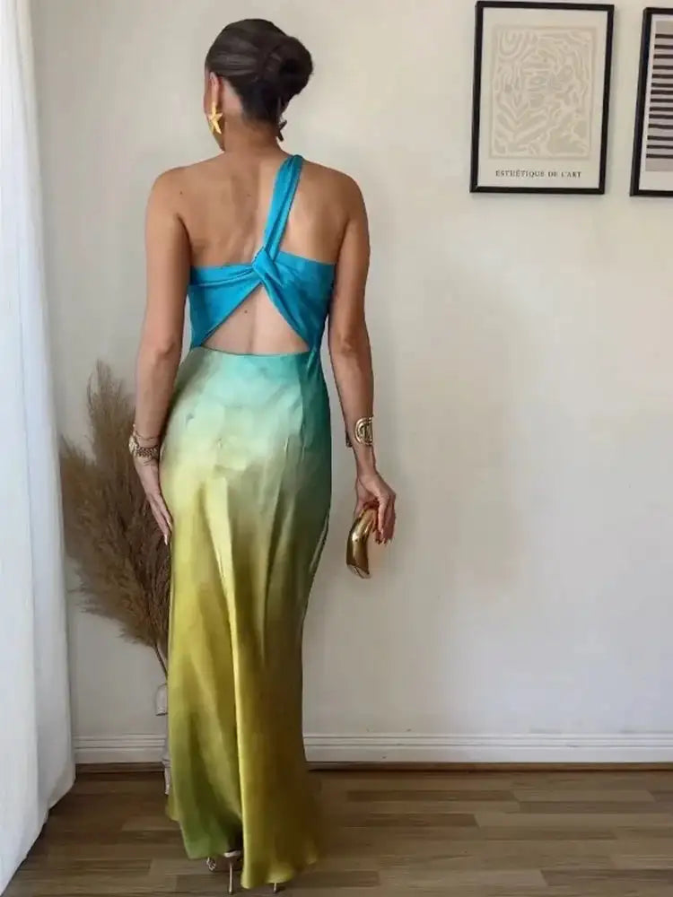 Gradient Long Dress Women Elegant One Shoulder Sleeveless Party Dress Female 2024 Summer Backless Tie-dye Lady Mermaid Robe - Lootquake