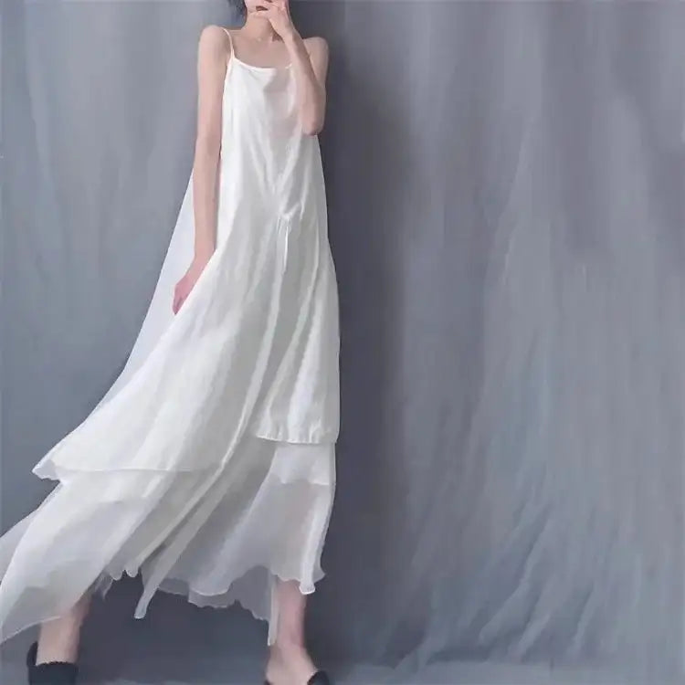 2024 Cotton Linen Women's Summer New Dress Artistic Range Medium Long Dress Sleeveless Tank Irregular Large Flounce - Lootquake