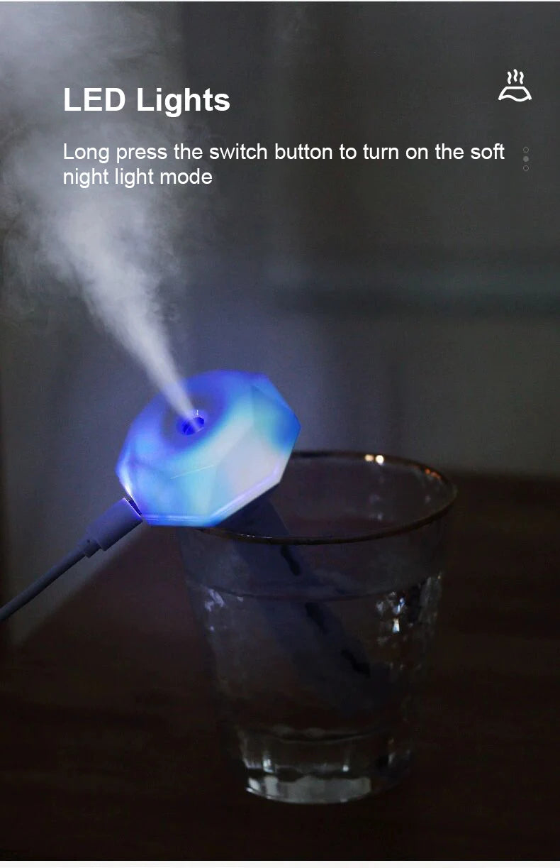 Humidificateur d'air à lampe LED, diffuseur d'huiles essentielles USB, purificateur de voiture, brumisateur d'arômes anioniques avec lumière romantique, humidificateur portable