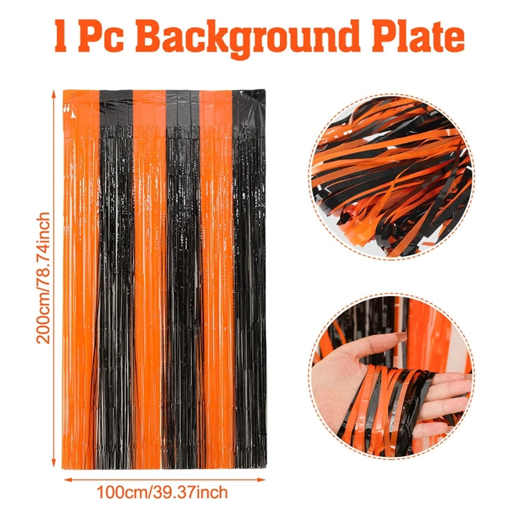 Rideau de pluie en soie avec pompons métalliques, décoration d'Halloween, noir et rouge, orange, 1 x 2 m