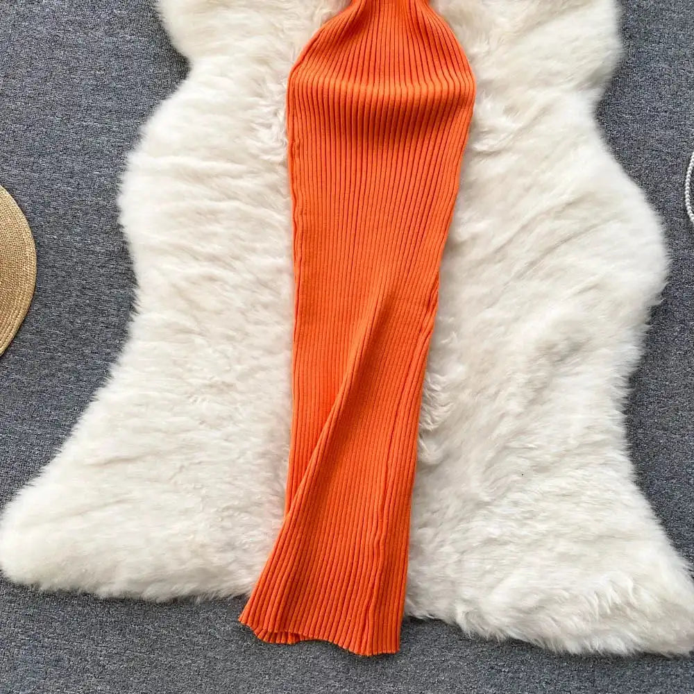 Summer V Neck Knit Sexy Strap Dress Women Elatic Waist Bodycon Sundress Female Beach Backless Maxi Long Dress - Lootquake