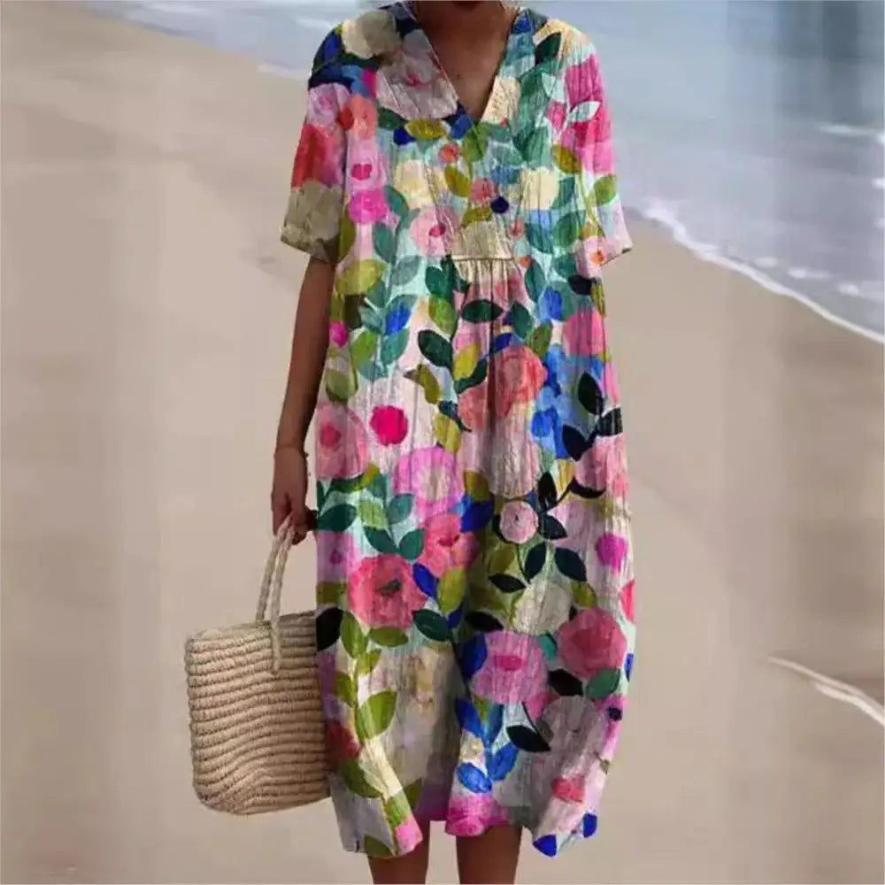 Casual Short Sleeved V-neck Big Swing Dress 2024 New Women's Loose Printed Long Dress Female Retro Flower Print Pullover Dresses - Lootquake