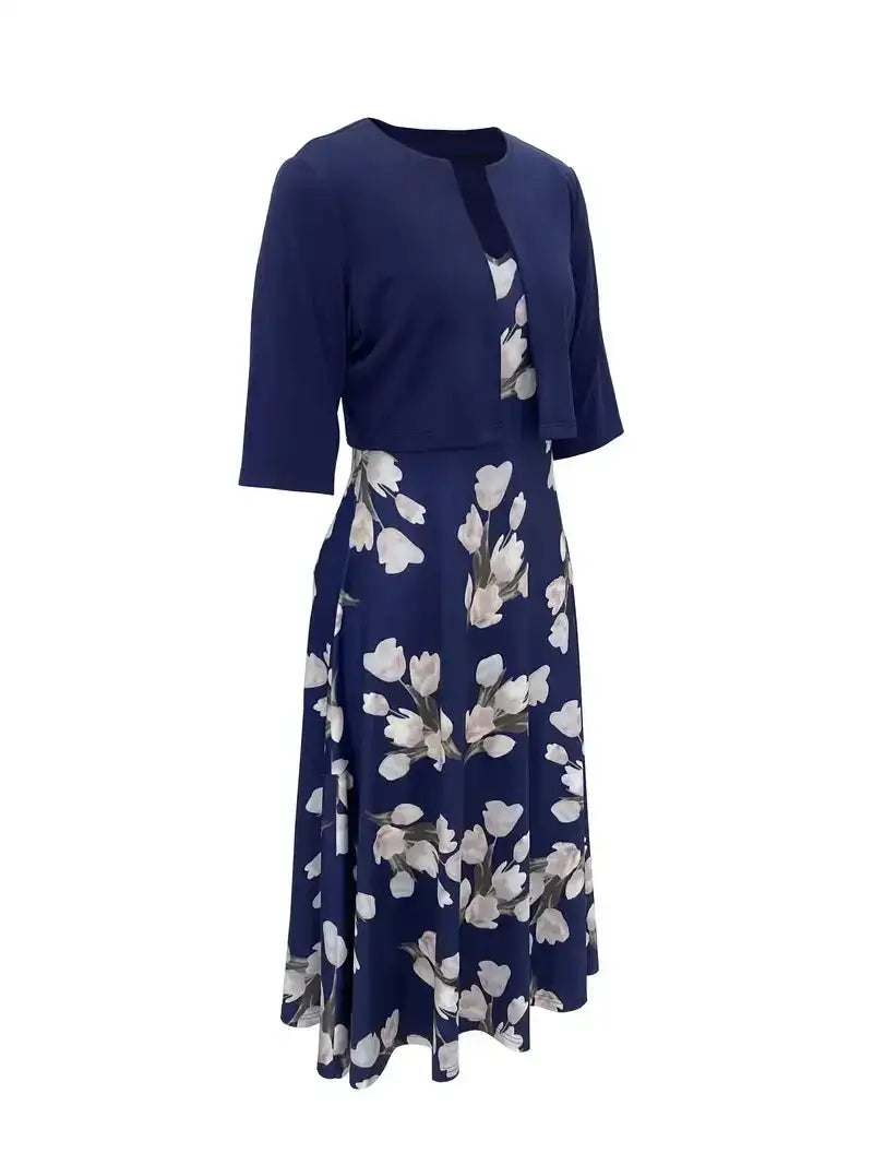 2024 European and American Autumn New Women's Long Dress Two Piece Flower and Grass Print Round Neck Dress Coat Women - Lootquake