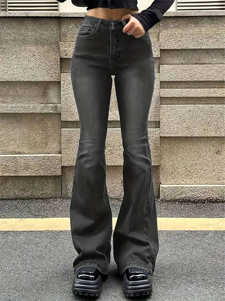 Women Flare Stretch Moustache Jeans Fashion Skinny Bell Bottom High Waist Gray Denim Pants Lady Classic Y2K Punk Long Trousers - Lootquake