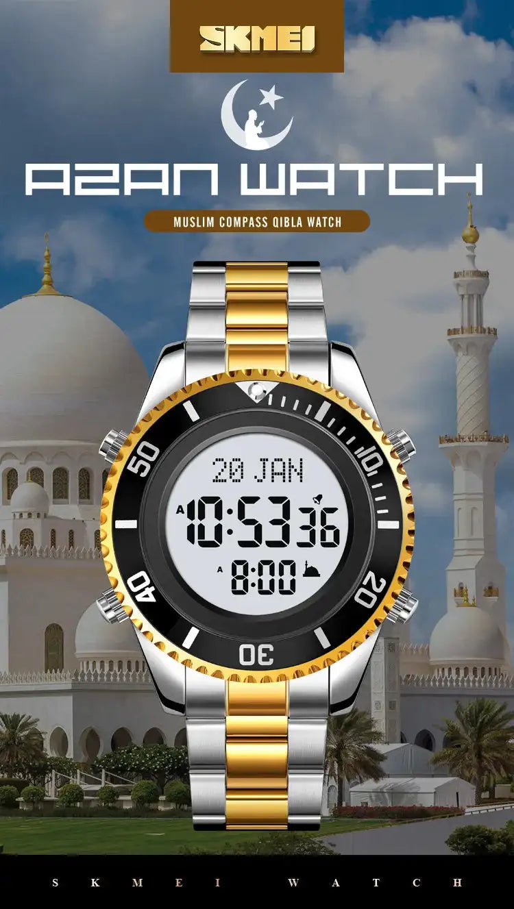 SKMEI 2141 Stainless Steel Digital Watche Muslim Azan Prayer Compass Clock Adhan Alarm Hijri Islamic Wristwatch with Back Light - Lootquake