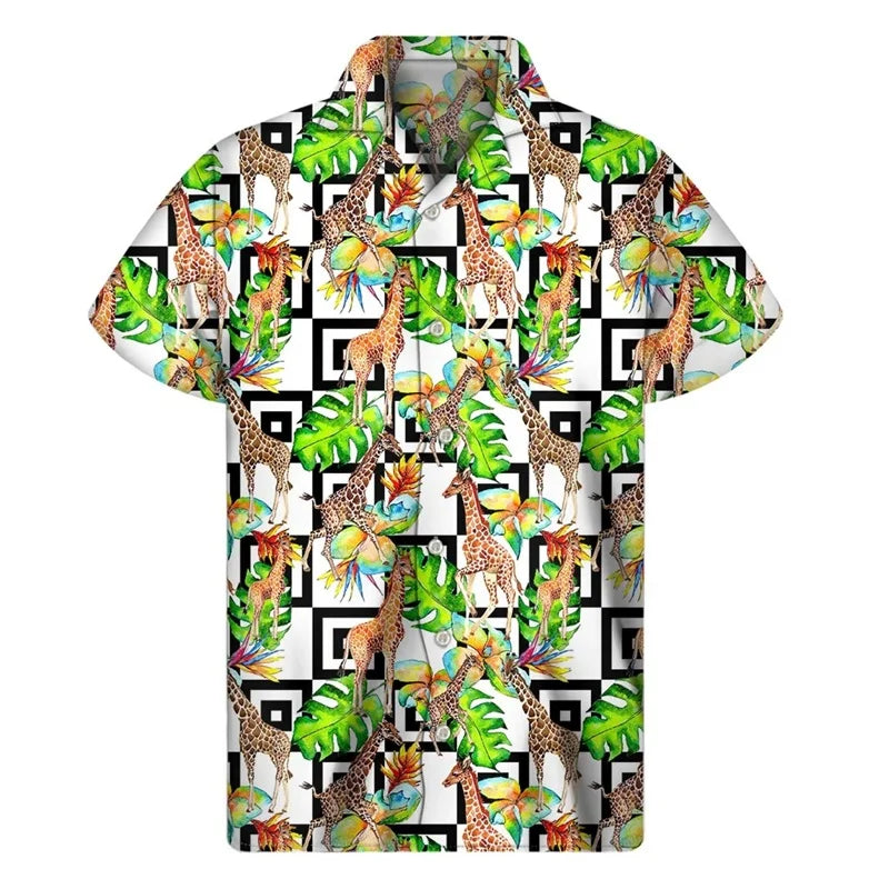 3D Printed Black And White Giraffe Pattern Hawaii Shirts Mens Short Sleeve Big Size Beach Shirts Funny Giraffe Party Blouse Tops - Lootquake