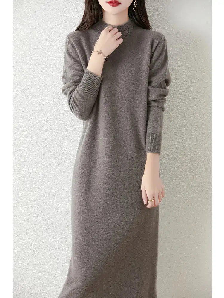 Autumn Winter Women's Wool Long Dress Cashmere Mock Neck Pullover Sweater 100% Merino Wool Soft Knitwear OL Simple Basic Dress - Lootquake