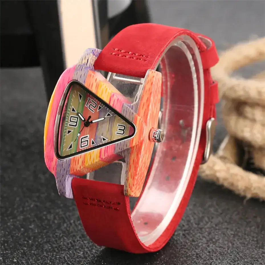 Unique Triangle Women's Wood Watch Creative Colorful Lady Green/ Red Genuine Leather Wristwatch Elegant Womens Watches Top Gifts - Lootquake