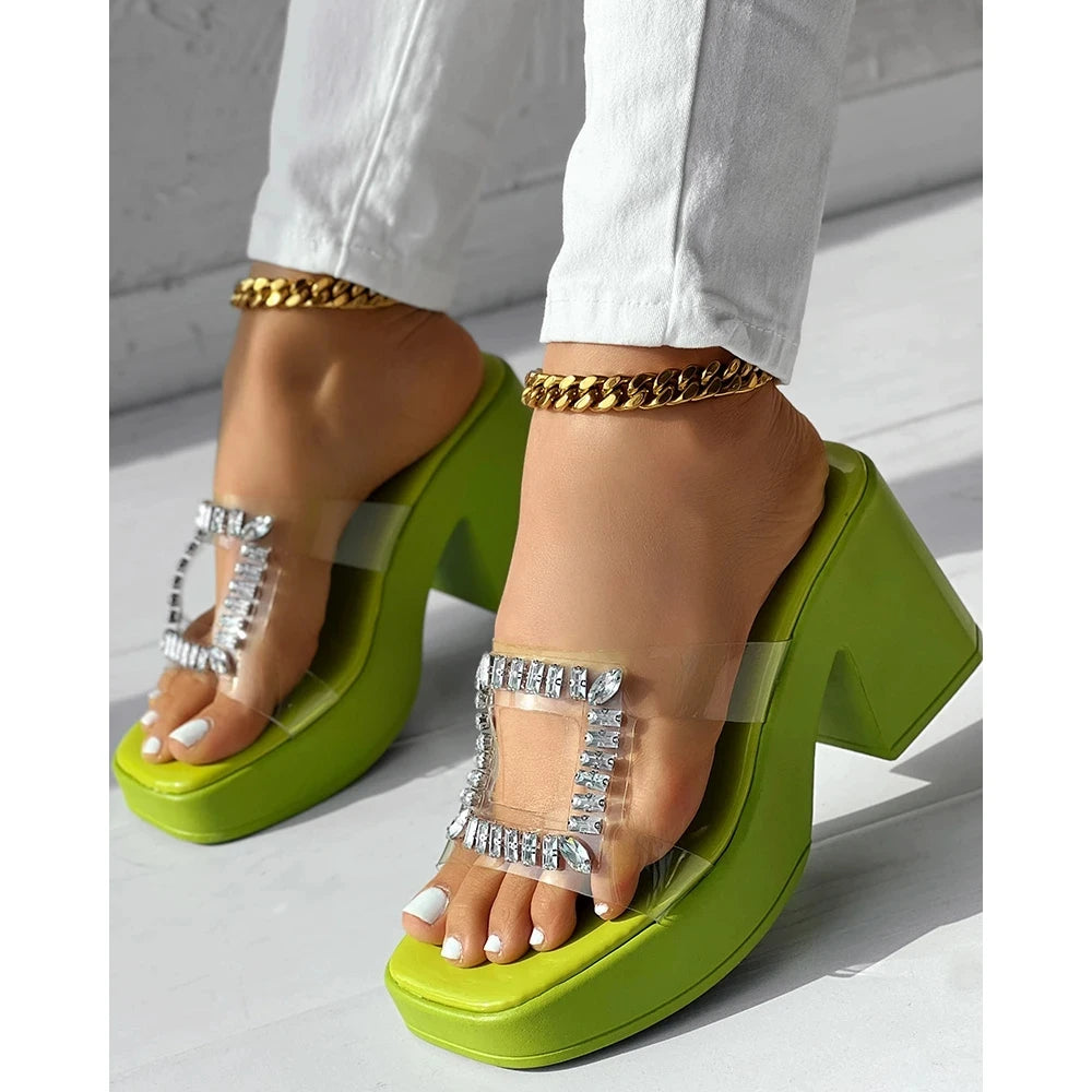Sandals Women Clear Strap Chunky Heeled Sandals Women Platform Wedges High Heels Shoes Flip Flops Beach Slippers Dress Crystal - Lootquake