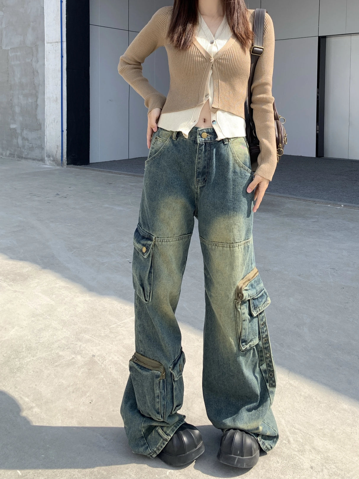 Autumn Winter New Ladies Cargo Jeans American Street Style Baggy Cargo Pants Women Blue Multi-pocket Wide Leg Jeans for Women - Lootquake