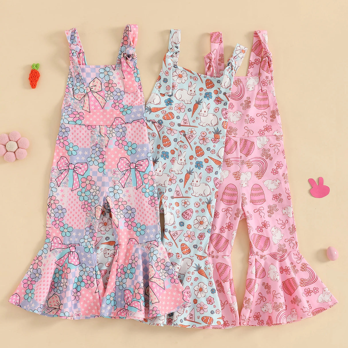 FOCUSNORM 0-4Y Lovely Little Girls Easter Rompers Pants 3 Style Sleeveless Floral Rabbit Print Jumpsuit Suspender Pants - Lootquake