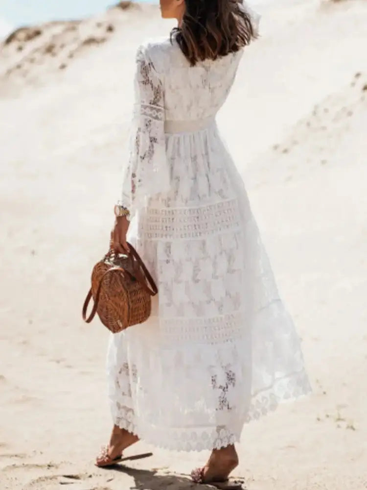 Boho Long Dress Women Summer Lace V Neck Flare Sleeve Sexy Maxi Dress Lady Holiday Party Beach Wedding Dresses Vestidos De Mujer - Lootquake