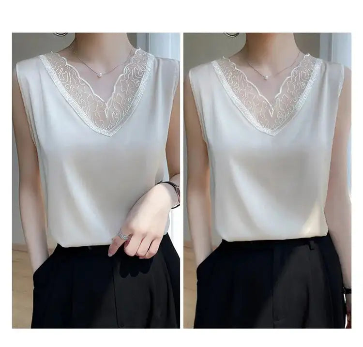 new woman clothing vest camis Tank top women's suit bottom lace lining 2024 summer new silk satin sleeveless top suspender vests - Lootquake