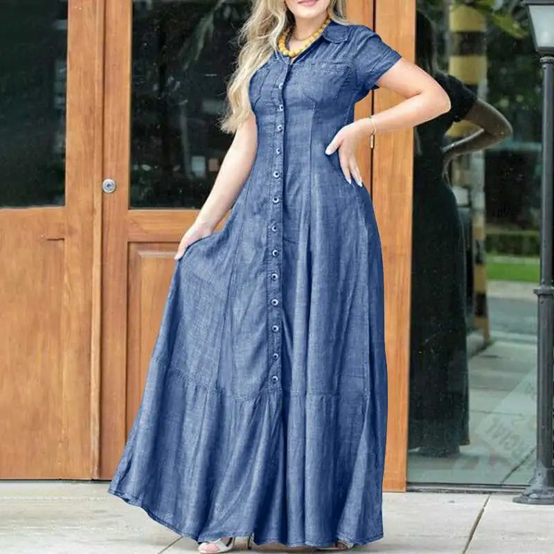 2023 Fashion New Long Dress Shirt Neck Pocket Large Swing Dress Casual Elegant Temperament Single Breasted Denim Dress - Lootquake
