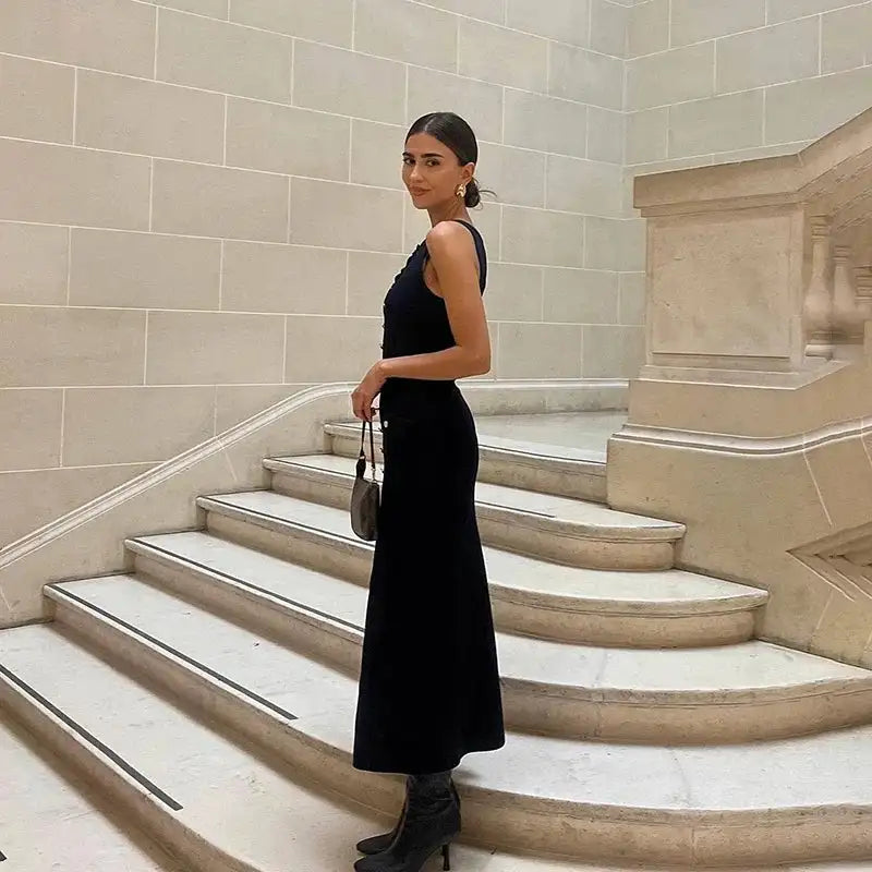 Fashion Knitted Long Dress For Women Elegant Sleeveless Button Maxi Sweater Bodycon Dresses Female Party Fashion Vestidos 2024 N - Lootquake