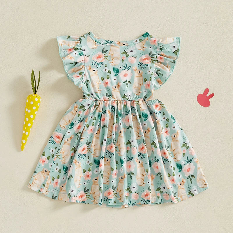 Baby Girl Easter Outfit Pink Floral Print Ruffle Sleeve Round Neck A-Line Dress for Spring and Summer Celebrations - Lootquake