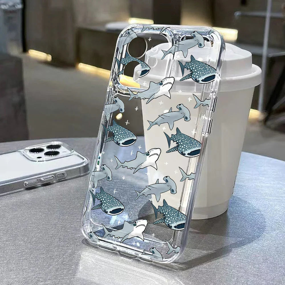 Funda transparente para teléfono con diseño de animales del océano, tiburón, delfín y pez