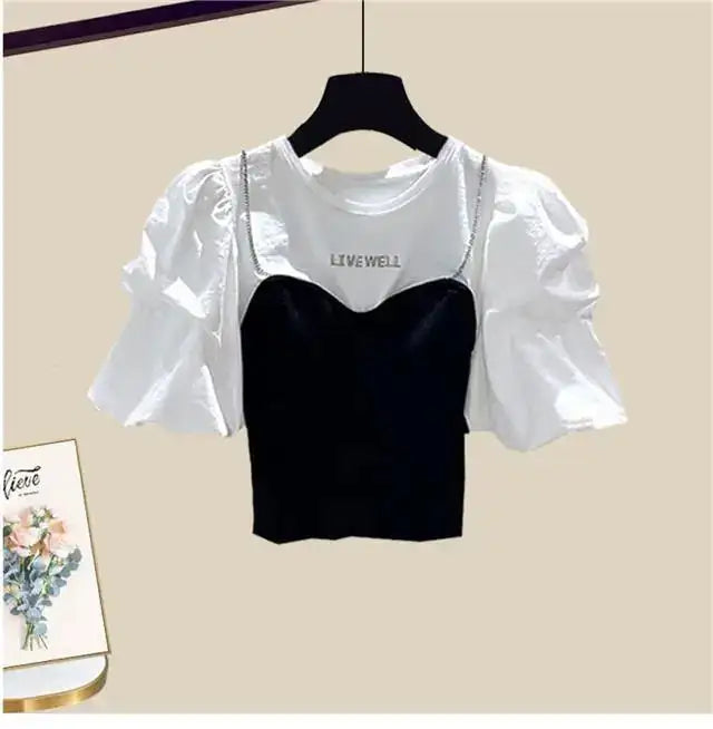 Spring/Summer Set Women's New Korean Edition Sweet and Spicy Bubble Sleeve Spliced Top Age Reducing Half Skirt Two Piece Set - Lootquake