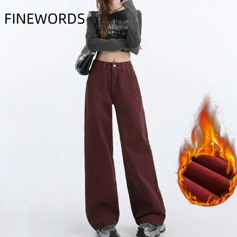FINEWORDS Retro Angela Red Winter Jeans Women Thicken Cashmere High Waist Baggy Jeans Streetwear Casual Wide Leg Denim Pants - Lootquake