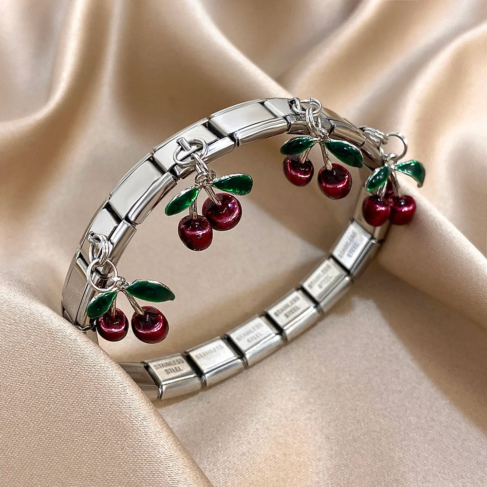 Greatera Cherry Pendant Pattern Bangle For Women Trendy 9mm Wide Design Bracelet Tide Delicacy Creative Euro-american Jewelry - Lootquake