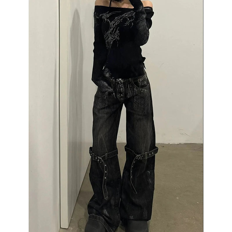 Black Women's Jeans High Waist Hip Hop Straight Fashion Pants Streetwear Harajuku Y2K Star 2024 Female Wide Leg Denim Trouser - Lootquake