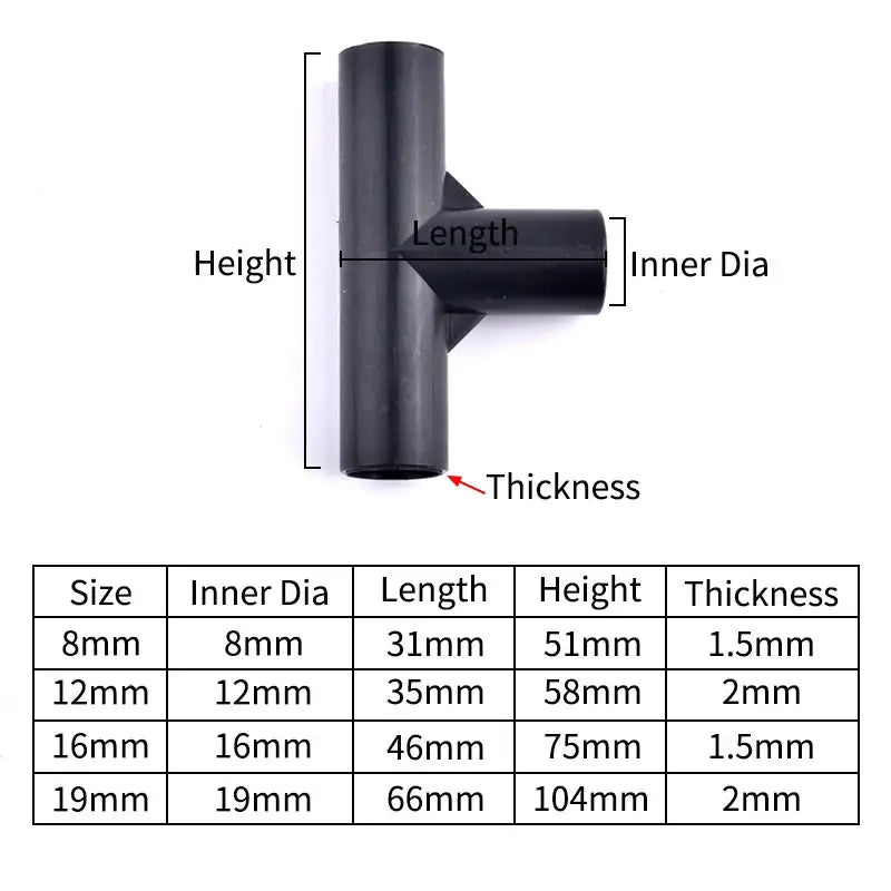 I.D 8/12/16/19mm Black Plastic Pipe Connector DIY Shelf Water Tube Joint Tent Fixed Connector Tee Four Way Elbow Straight Joint - Lootquake