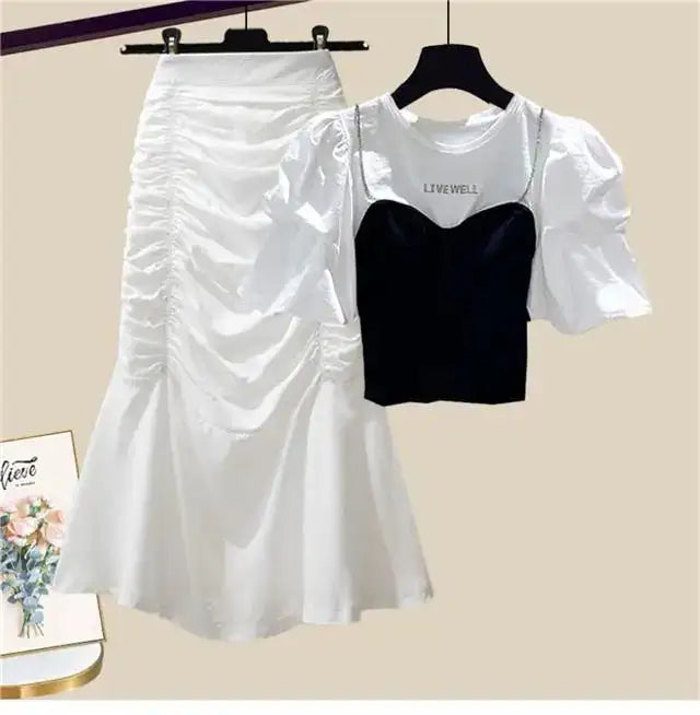 Spring/Summer Set Women's New Korean Edition Sweet and Spicy Bubble Sleeve Spliced Top Age Reducing Half Skirt Two Piece Set - Lootquake