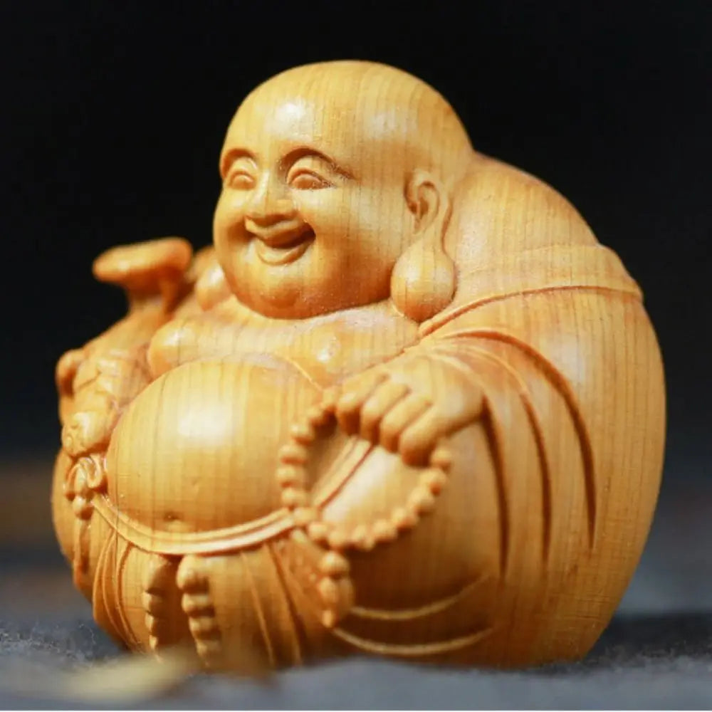 Home Decor Woodcarving Laughing Buddha Maitreya Sculpture Miniature Wooden Buddha Statue Craft Mini Handmade Statue Table Top