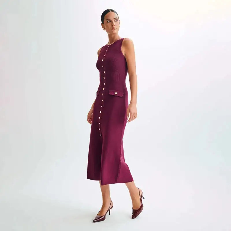 Fashion Knitted Long Dress For Women Elegant Sleeveless Button Maxi Sweater Bodycon Dresses Female Party Fashion Vestidos 2024 N - Lootquake