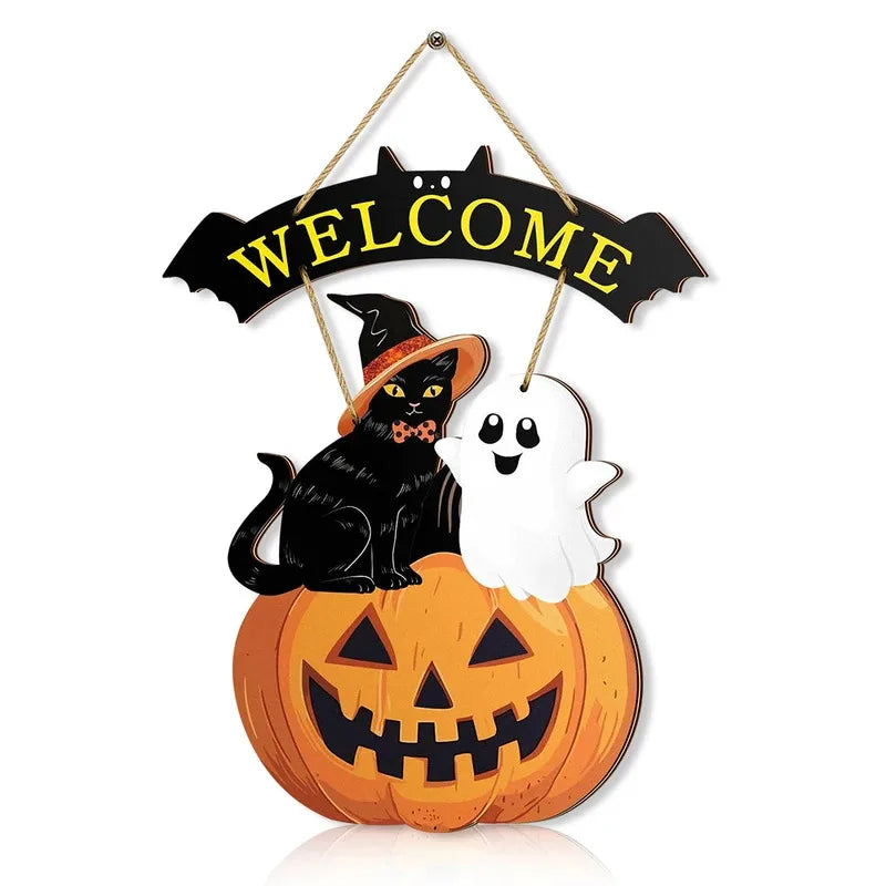 Welcome Sign w/ Cat, Ghost & Pumpkin