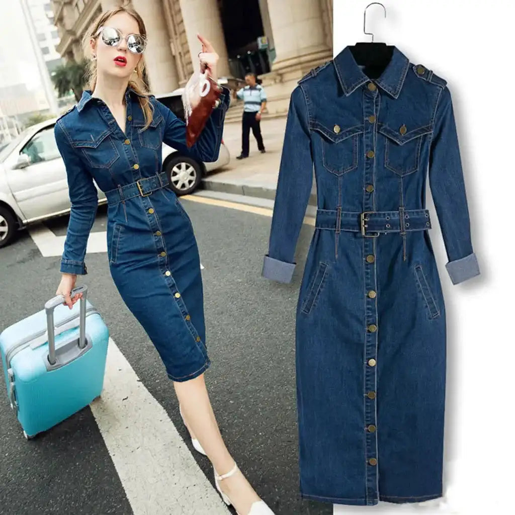 Vintage Button Up Jeans Dress Women Blue Lapel Denim Vestidos Winter Office Slim Long Sleeve Mid-Cuff Denim with Belt Long Dress - Lootquake