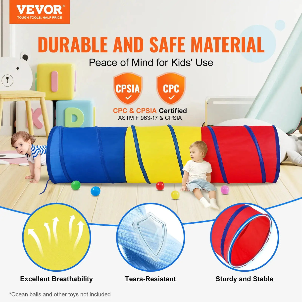 VEVOR Kids Play Tunnel Tent for Toddlers Collapsible Gift for Boy and Girl Play Tunnel Indoor and Outdoor Game Red/Yellow/Blue - Lootquake