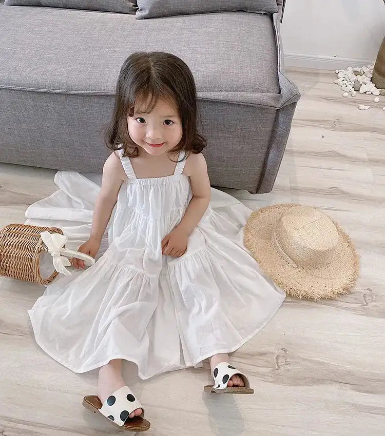 Girls Cotton Solid White Dress Ruffles Kids Strap Dress Summer Sleeveless Toddler Baby Long Dress Girl Clothes 1-6Y Kleid/robe - Lootquake