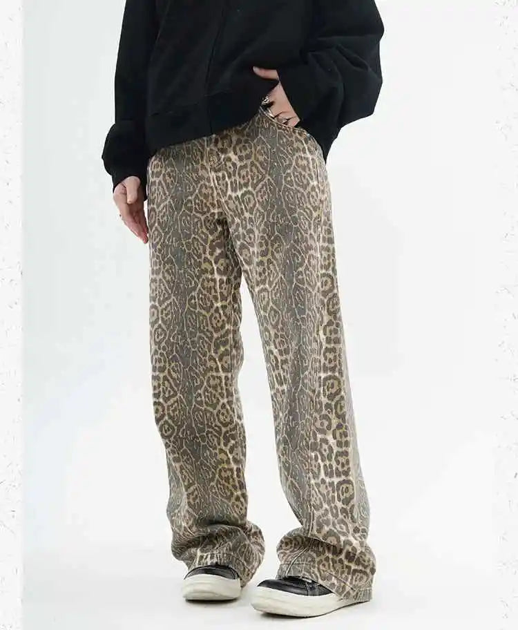 Women's American Vintage Leopard Print Washed Thin Jeans Street Casual Neutral Style DenimTrousers High Waist Straight Pants - Lootquake