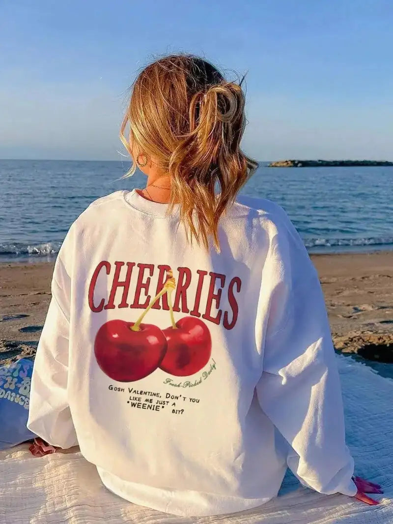 Casual Women's Sweatshirts Cherries Graphic Printing Hoodies Crewneck Fleece Warm Comfortable Pullovers Autumn Winter Streetwear - Lootquake