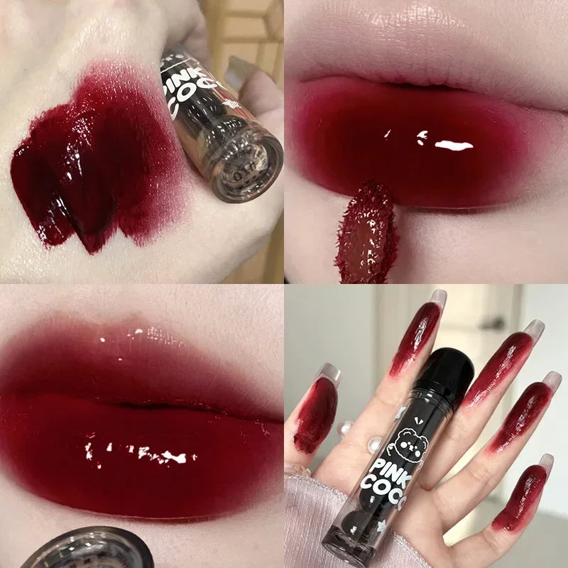Lápiz labial líquido rojo oscuro con efecto espejo, color marrón rojizo, hidratante ligero, antiadherente, con alta pigmentación, maquillaje cosmético para labios.