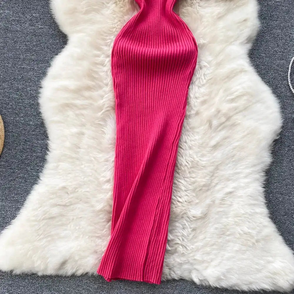 Summer V Neck Knit Sexy Strap Dress Women Elatic Waist Bodycon Sundress Female Beach Backless Maxi Long Dress - Lootquake