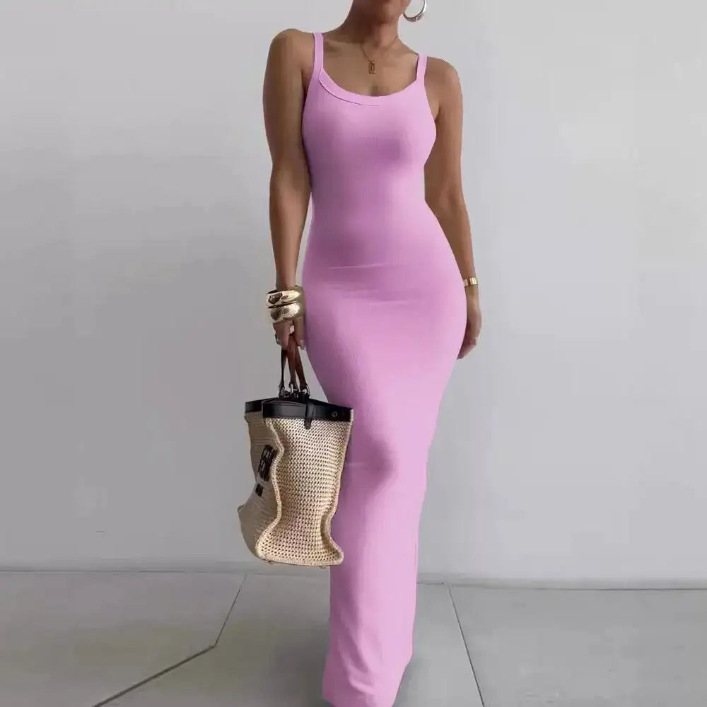 Women's Bodycon Maxi Dress Summer Sleeveless Long Dress For Beach Holiday Vacation Robes Femmes Solid Color Slim Fit Dresses - Lootquake