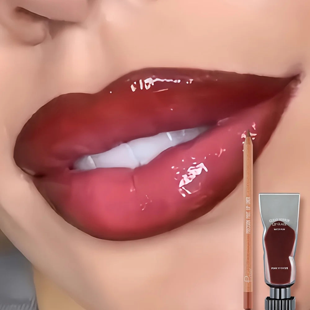 Juego de 2 brillos labiales hidratantes y humectantes y delineador de labios resistente al agua: lápiz labial de alto color, textura brillante