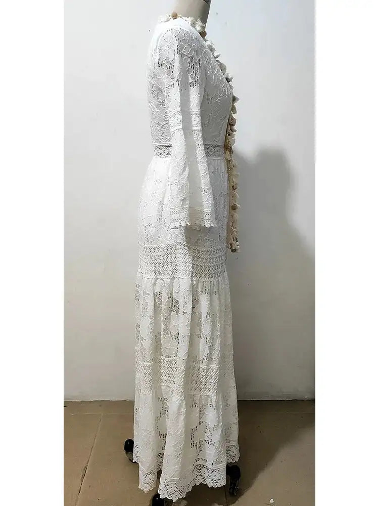 Boho Long Dress Women Summer Lace V Neck Flare Sleeve Sexy Maxi Dress Lady Holiday Party Beach Wedding Dresses Vestidos De Mujer - Lootquake