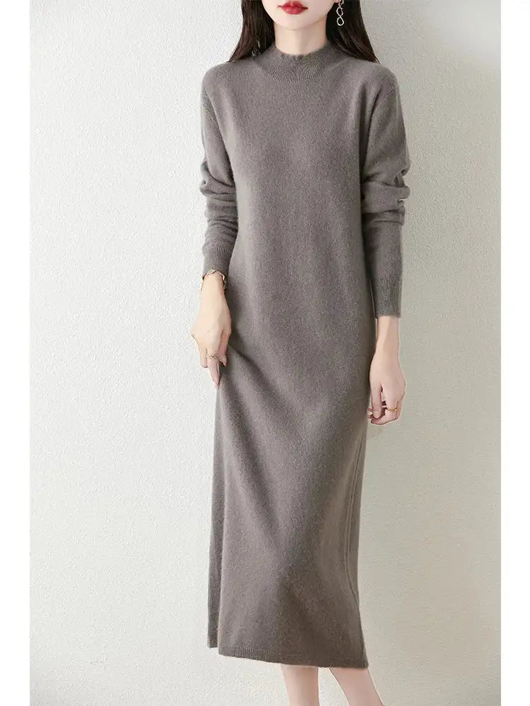Autumn Winter Women's Wool Long Dress Cashmere Mock Neck Pullover Sweater 100% Merino Wool Soft Knitwear OL Simple Basic Dress - Lootquake