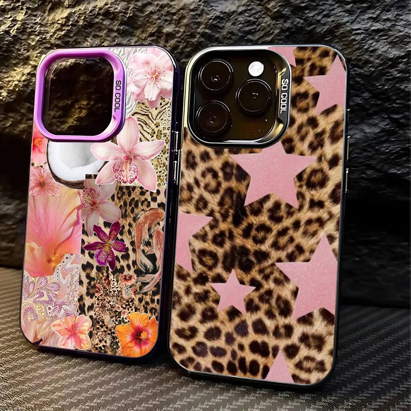 Funda rígida para teléfono con estampado de leopardo, estrellas y flores, chapada en mate