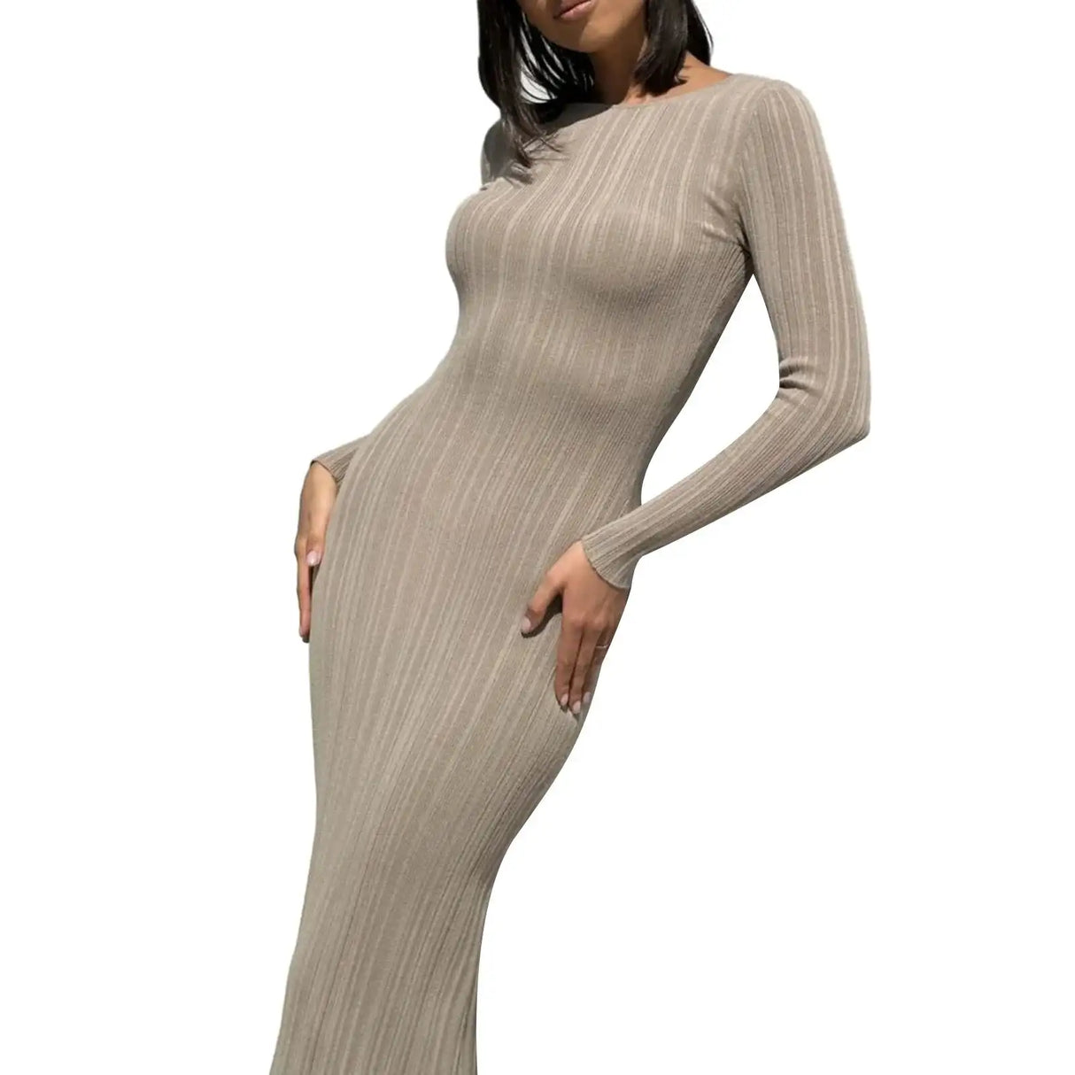 Autumn Winter Solid Color Bodycon Knit Dress Women Long Sleeve Crew Neck Ribbed Dress Slim Fit Long Dress - Lootquake