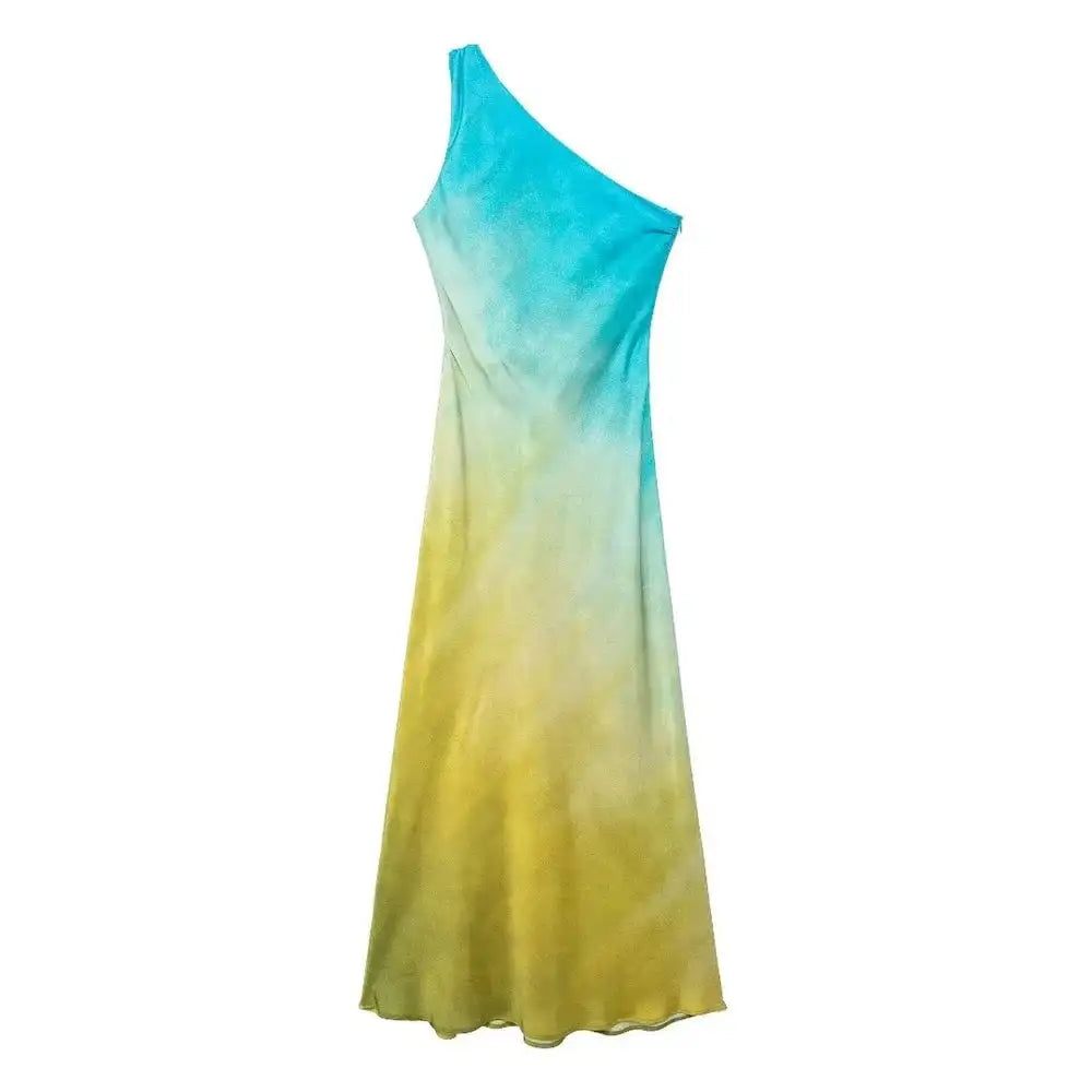 Gradient Long Dress Women Elegant One Shoulder Sleeveless Party Dress Female 2024 Summer Backless Tie-dye Lady Mermaid Robe - Lootquake