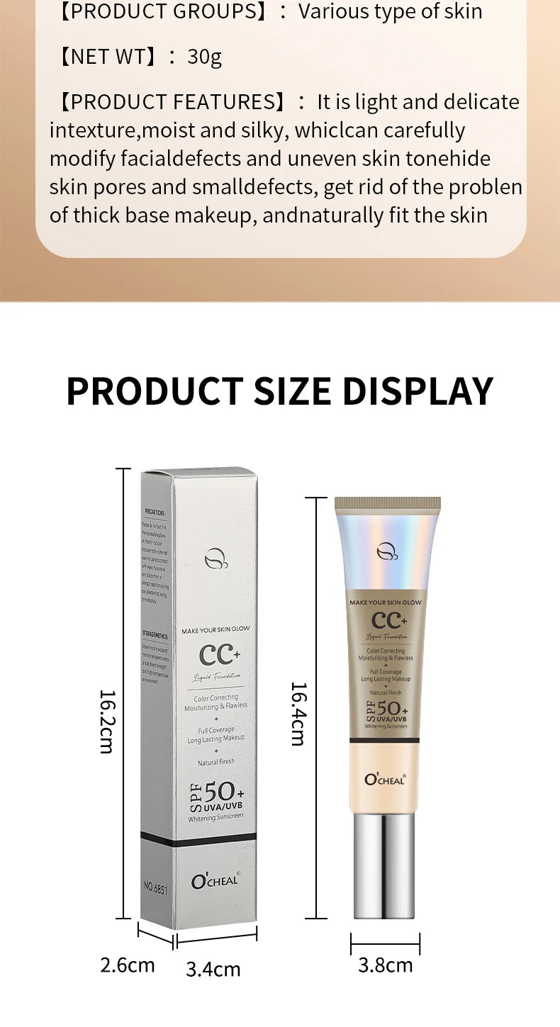 Ocheal 30 g CC Cream Foundation Corrector a prueba de agua Hidratante Protector solar Líquido FPS 50+ Prebase de maquillaje iluminadora de larga duración