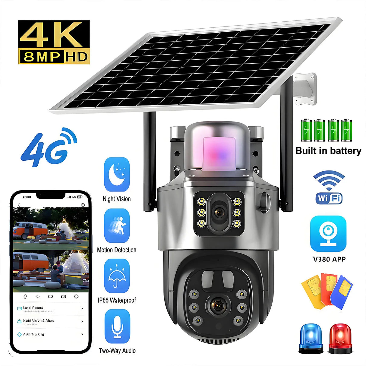 Cámara solar V380 4K 4G Sim 8MP de doble lente inalámbrica WiFi, detección móvil PIR, seguridad para exteriores, impermeable