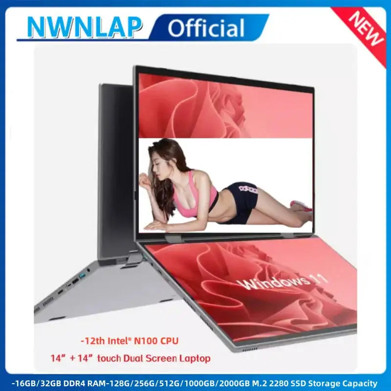 Dual Screen Laptop Intel N100 Processor 14“+14” touch Gaming Laptop DDR4 32GB 1TB 2TB SSD Notebook Computer - Lootquake
