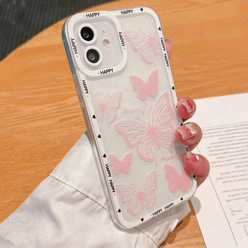 Bonita funda para teléfono con estampado de mariposas rosas